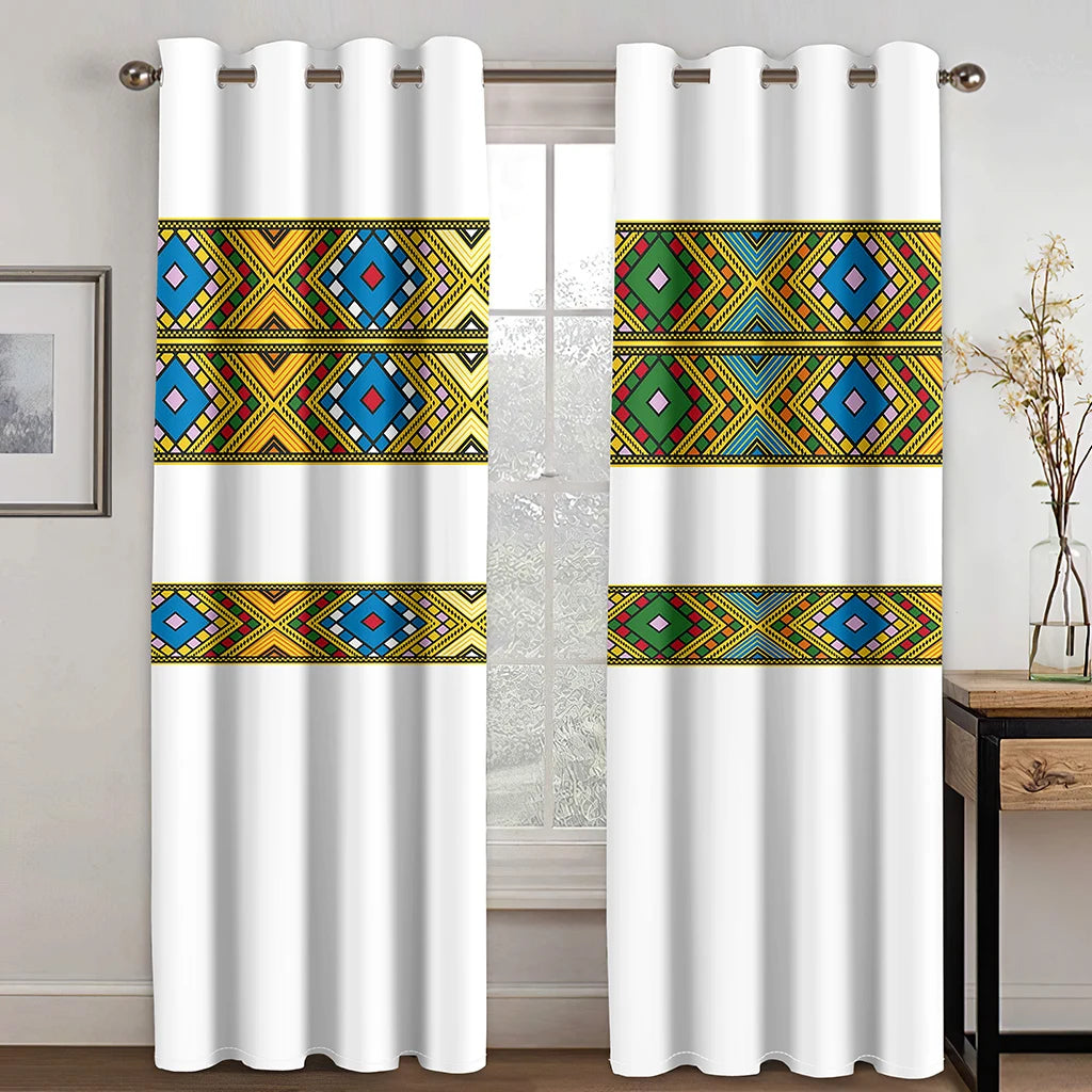 Luxury Gray Ethiopian Eritrean Traditional Boho Saba Curtains Free Shipping2Pcs Thin Drapes for Living Room Bedroom Window Decor