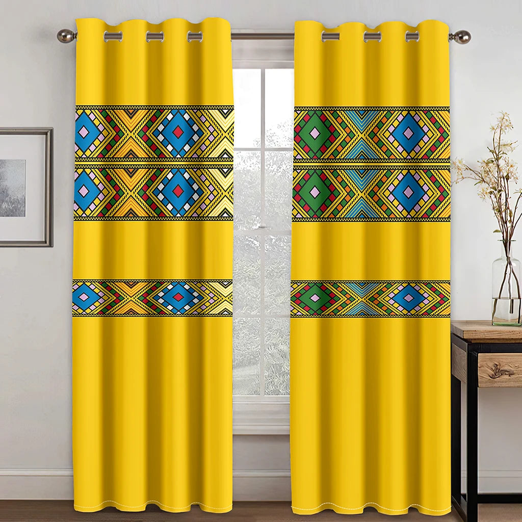 Luxury Gray Ethiopian Eritrean Traditional Boho Saba Curtains Free Shipping2Pcs Thin Drapes for Living Room Bedroom Window Decor