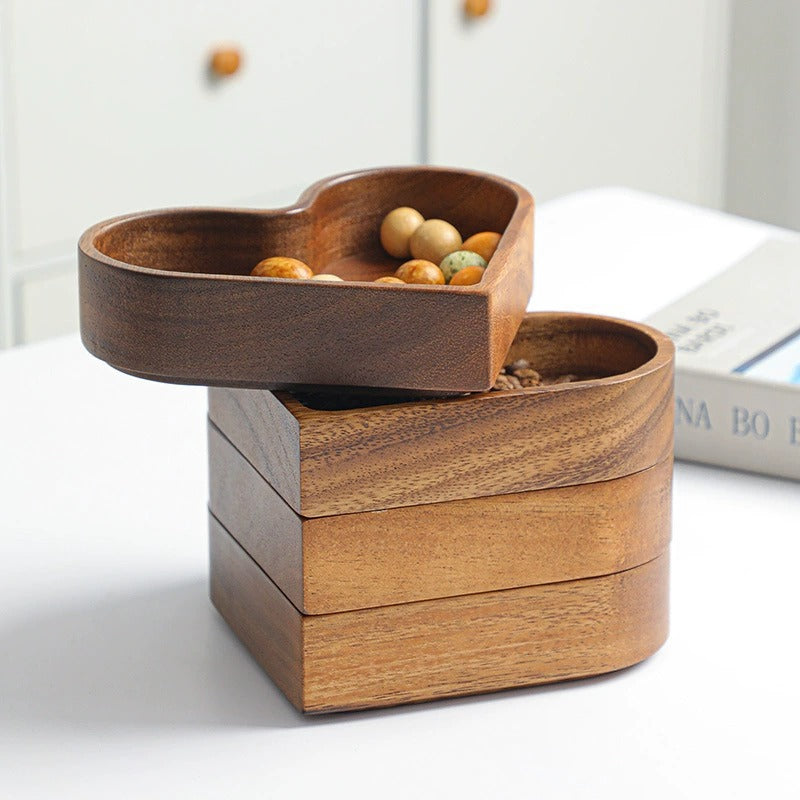 Wooden fruit box, whole wood heart-shaped candy box, nut and dried fruit storage tray, Japanese style solid wood stackable