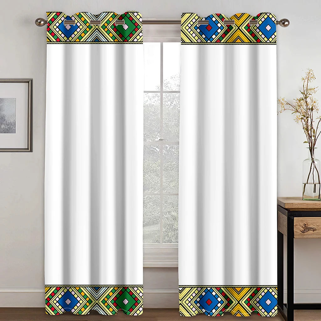 Luxury Gray Ethiopian Eritrean Traditional Boho Saba Curtains Free Shipping2Pcs Thin Drapes for Living Room Bedroom Window Decor