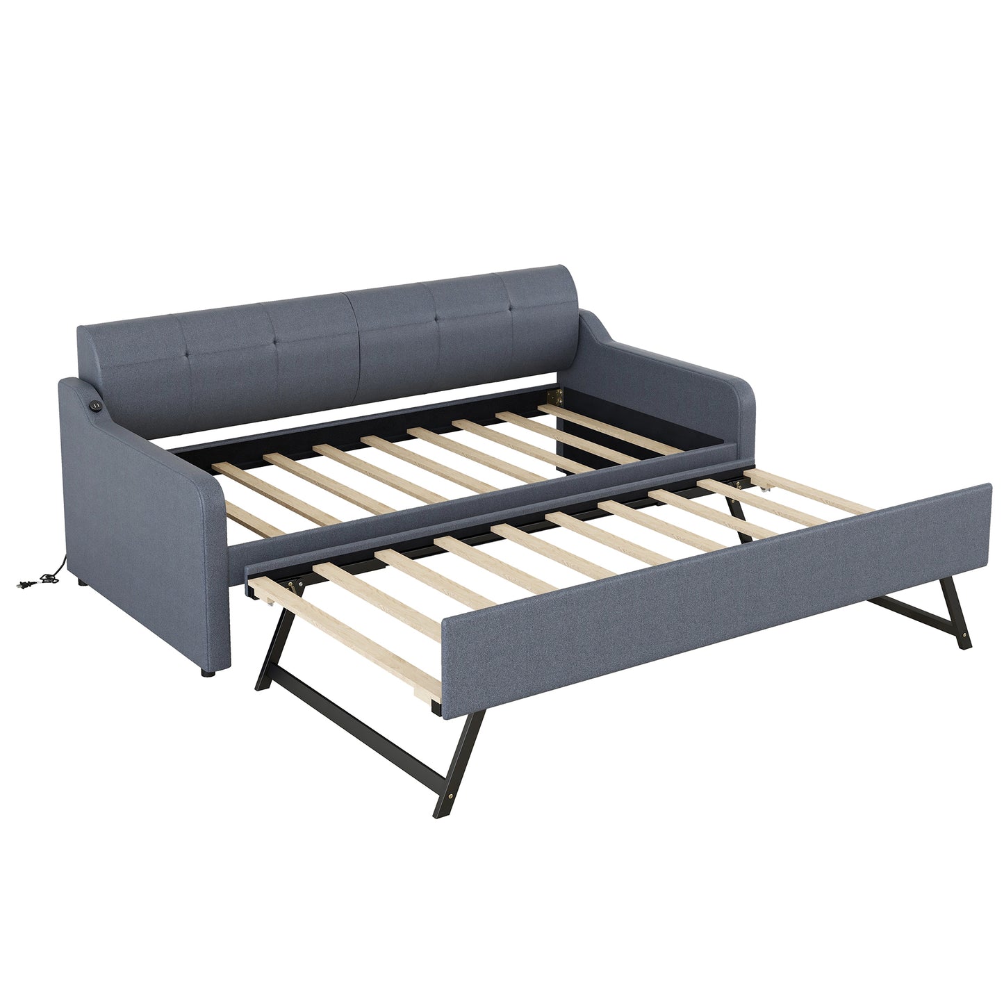 Twin Size Upholstery DayBed with Trundle and USB Charging Design Trundle can be flat or erected Gray