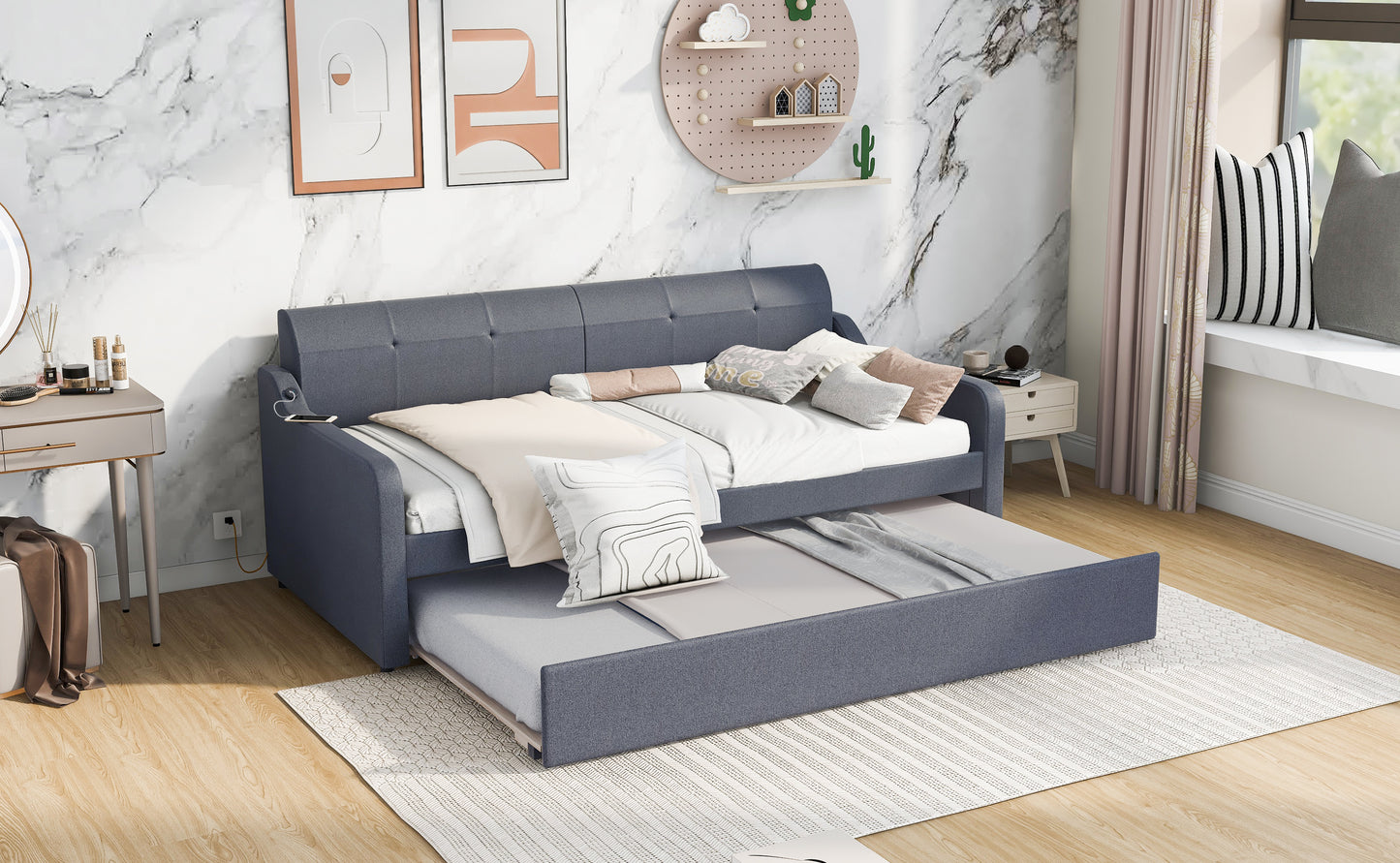 Twin Size Upholstery DayBed with Trundle and USB Charging Design Trundle can be flat or erected Gray