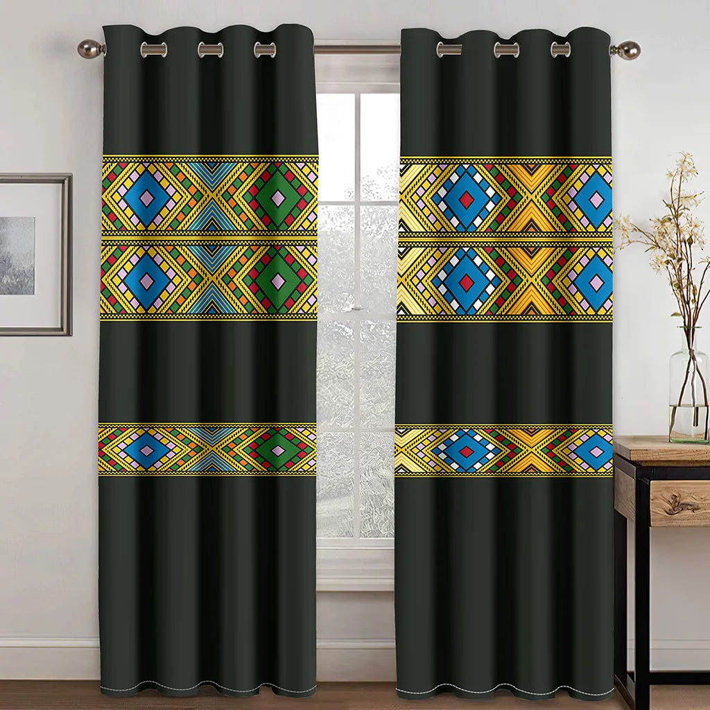 Luxury Gray Ethiopian Eritrean Traditional Boho Saba Curtains Free Shipping2Pcs Thin Drapes for Living Room Bedroom Window Decor