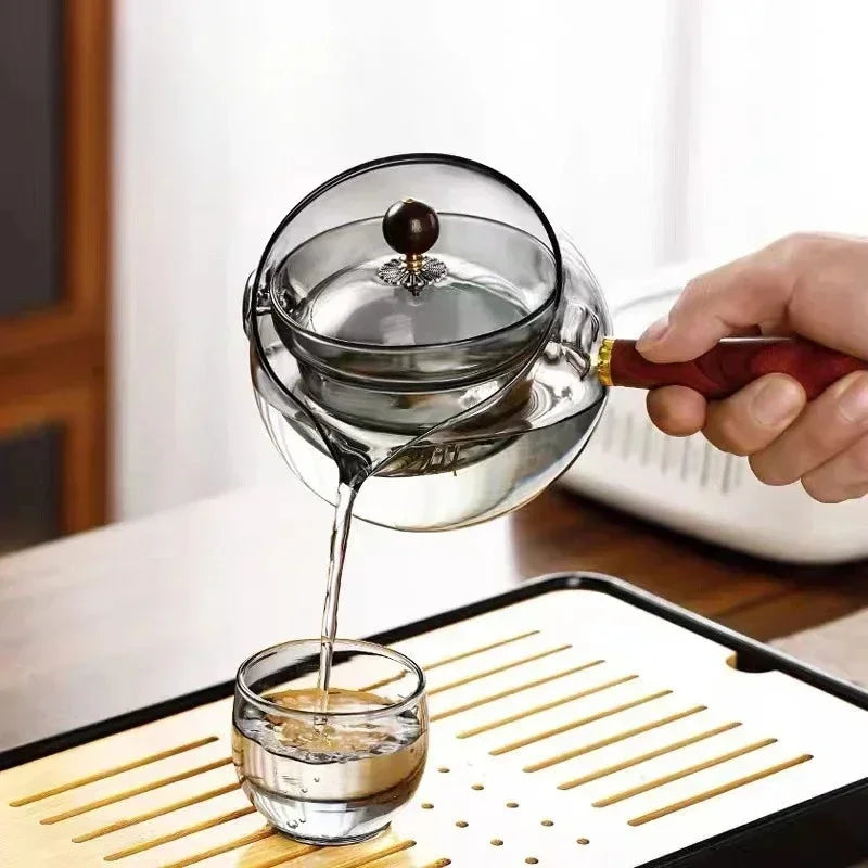 Semi-automatic Rotary Heat Resistant Glass Teapot Tea Making With Infuser And Wooden Handle Office Home Accessories Kitchen