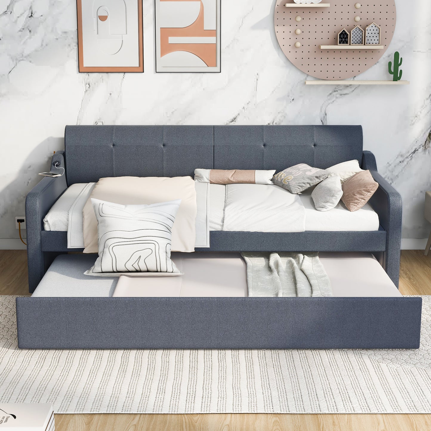 Twin Size Upholstery DayBed with Trundle and USB Charging Design Trundle can be flat or erected Gray