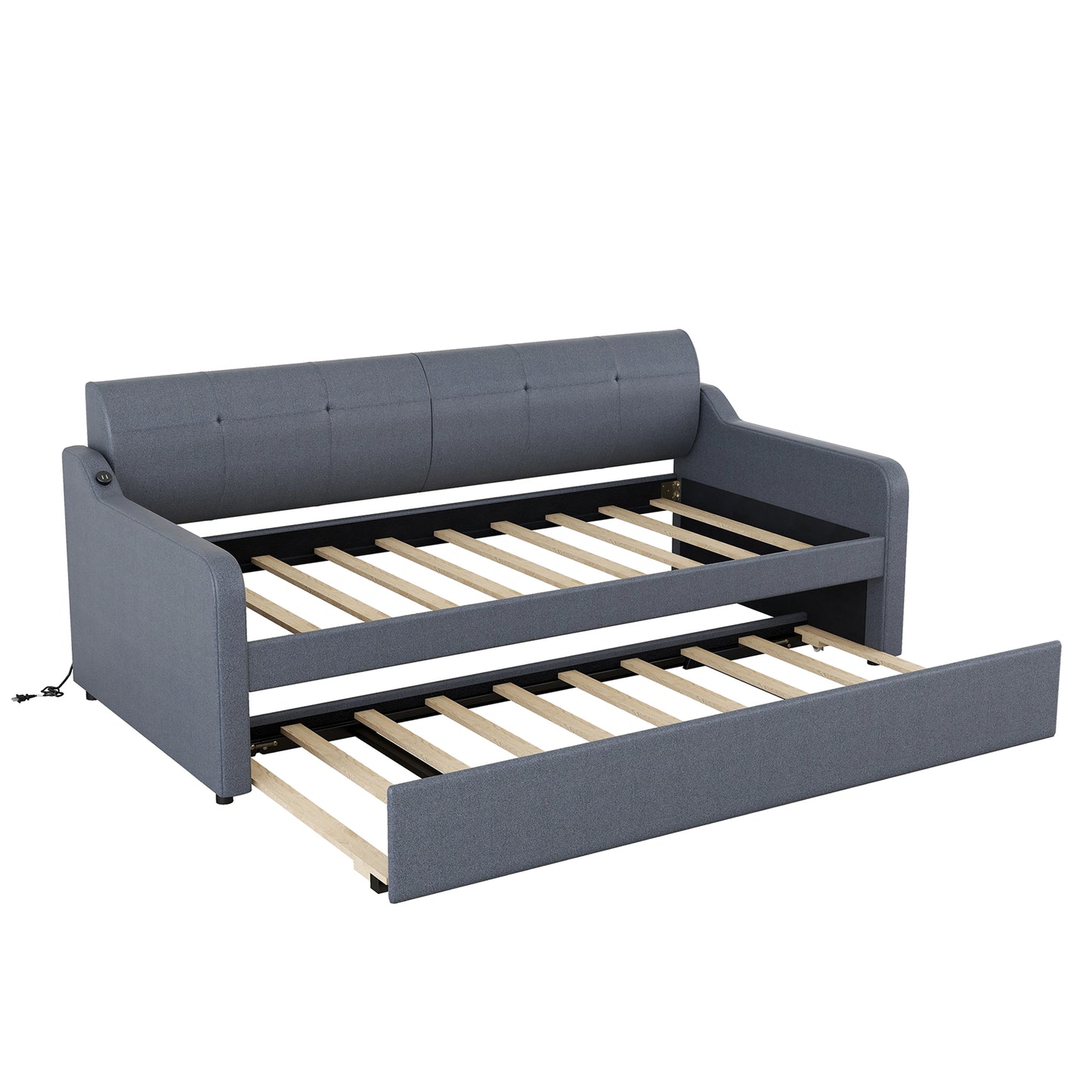 Twin Size Upholstery DayBed with Trundle and USB Charging Design Trundle can be flat or erected Gray