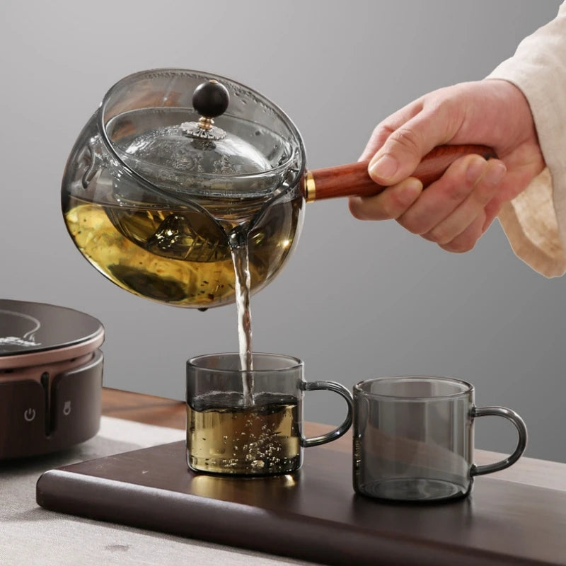 Semi-automatic Rotary Heat Resistant Glass Teapot Tea Making With Infuser And Wooden Handle Office Home Accessories Kitchen