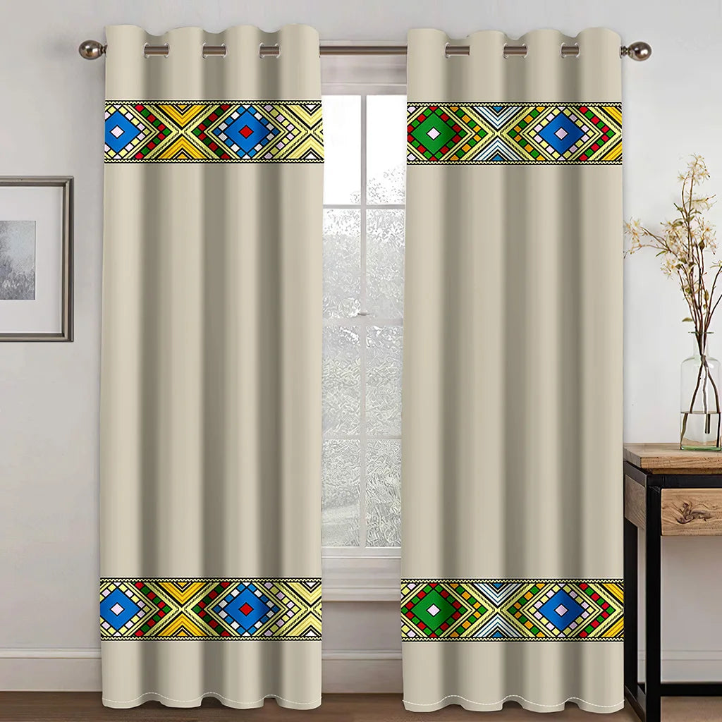 Luxury Gray Ethiopian Eritrean Traditional Boho Saba Curtains Free Shipping2Pcs Thin Drapes for Living Room Bedroom Window Decor